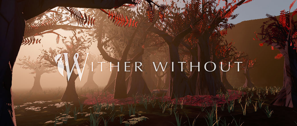 A misty autumnal forest in the sunset, with the Wither Without logo overlaid in the centre.